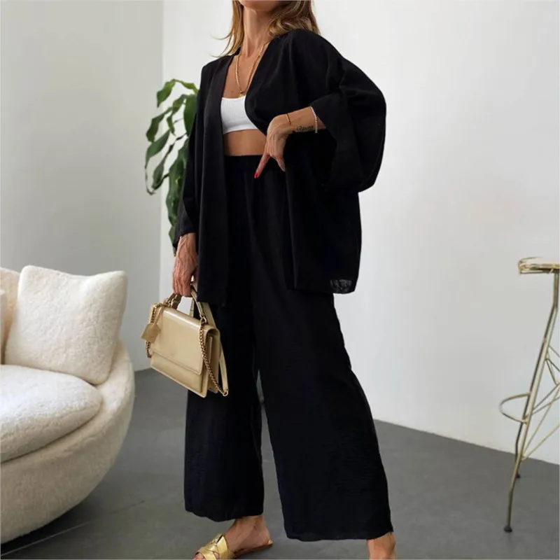 Women's Linen Trouser Suit With Bat Sleeve Cardigan Blouse Sets For Women 2 Pieces Loose Elegant Outfits Wide Leg Pant Sets 2024