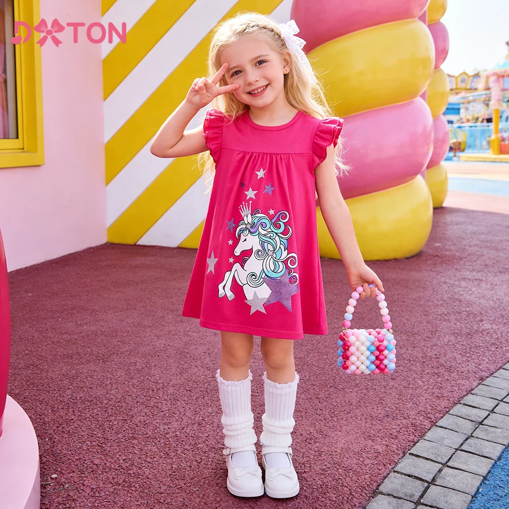 DXTON Cartoon Kinder Freizeitkleider Rüschen Ärmellos A-Linie Mädchenkleid Kinder Party Kostüme Einhorn Kleinkind Baumwollkleidung