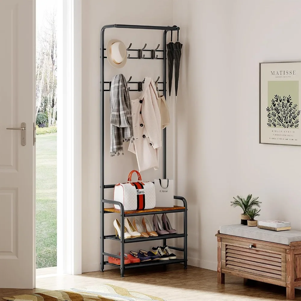 

Coat rack, entrance hall tree with shoe stool and storage, 4-in-1 coat rack with 3 levels of shelves, rails and 8 hooks