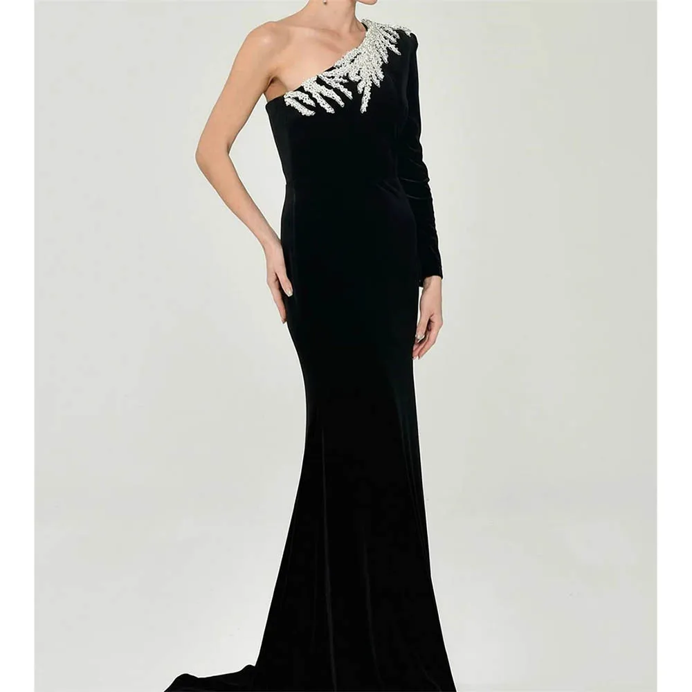 

Exquisite Black Pleat Christmas Mermaid Sexy 2024 New One-shoulder Floor-Length Long Dresses