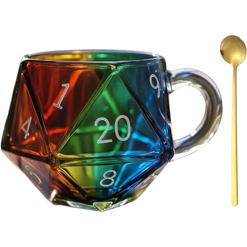 

MOPHE-Rainbow D20 Dice Mug, Polyhedral Dice Coffee Cup With Handle, Game Mug For RPG Lovers, Game Night Mugs Gift