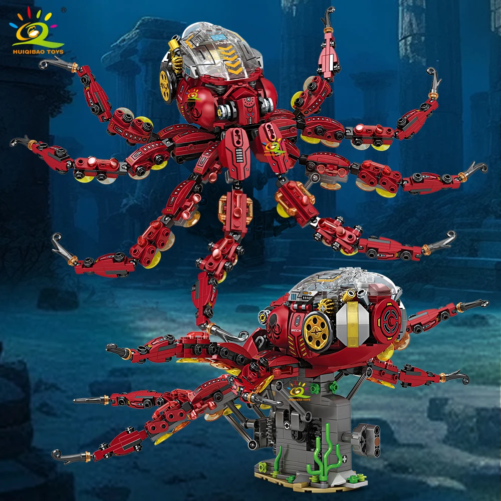 HUIQIBAO MOC Technical Mechanical Octopus Building Blocks Set Marine Life Model DIY Assembly Bricks Children Toy Desk Decoration
