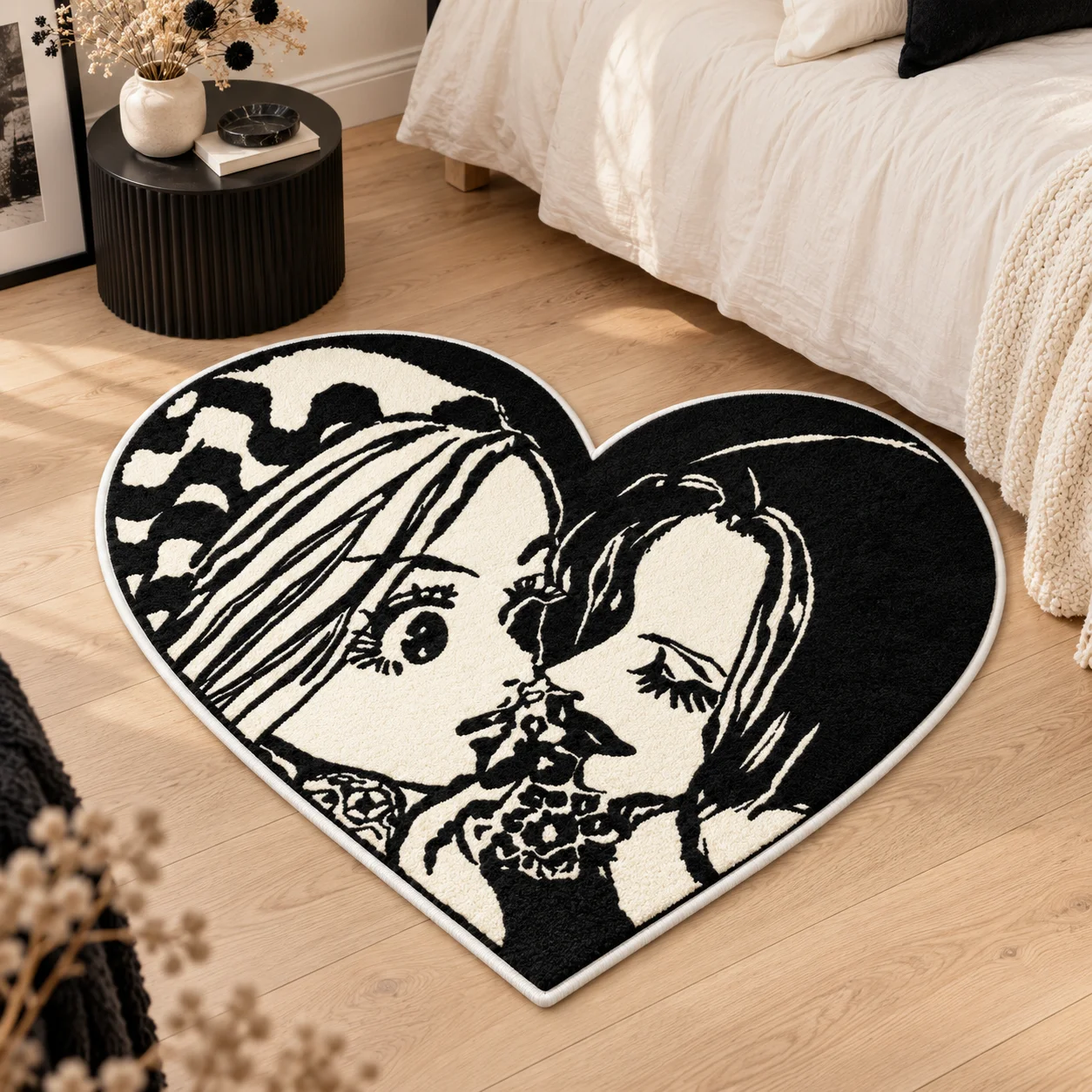 Black and White Heart Anime N-NANA Shaped Romance Area Rug, Irregular Flannel Floor Mat for Bedroom Living Room Home Decor Gift