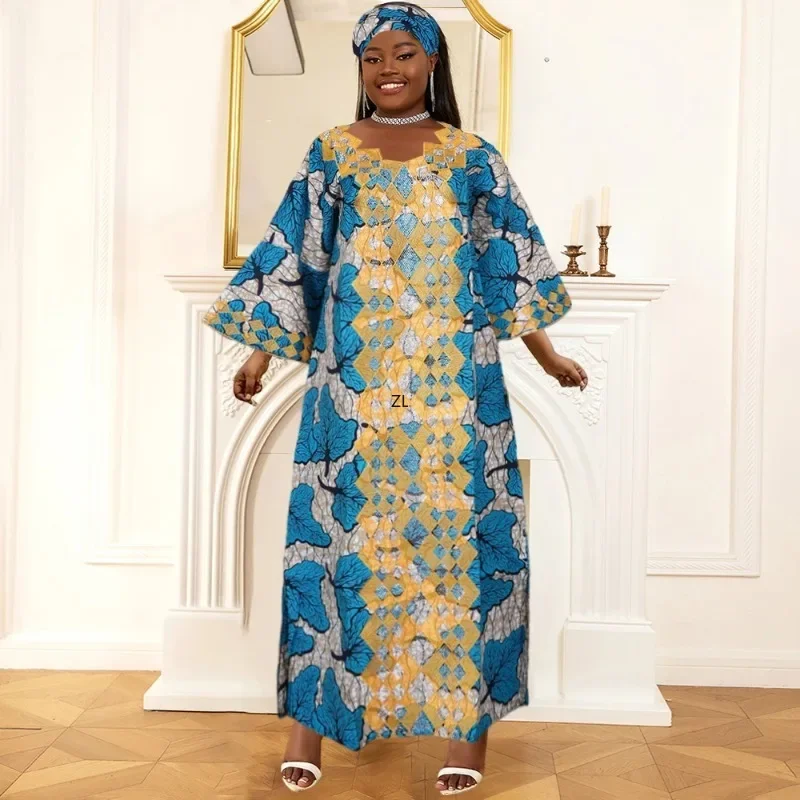 

Plus Size African Clothes for Women 2024 New Dashiki Ankara Embroidery Bazin Riche Design Wedding Party Dresses with Headscarf