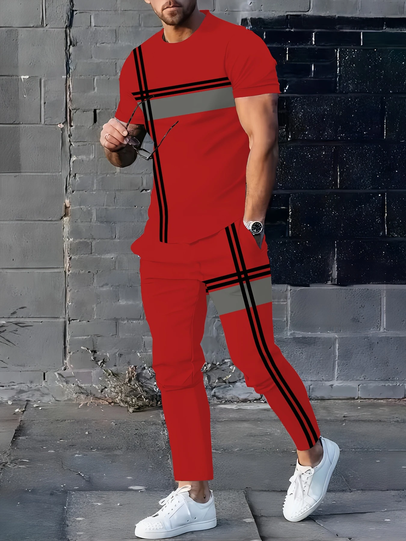 

Men's Autumn Luxury Fashion Striped Pattern Streetwear Set Quick Dry Breathable T-Shirt And Drawstring Pants Two Piece Outfit
