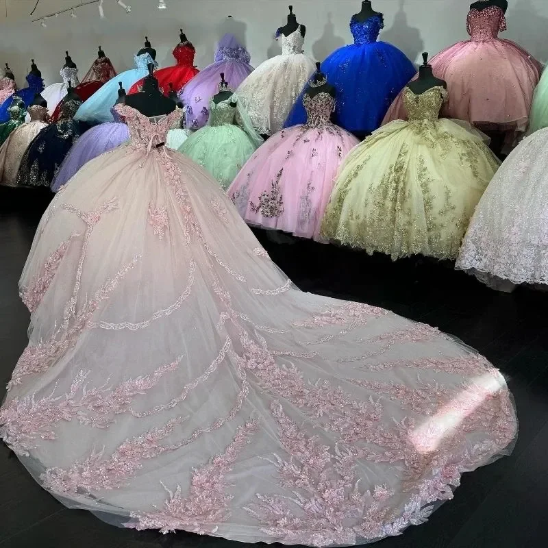 فساتين Quinceanera الوردية المكسيكية مزينة بالخرز الكرة ثوب تول مشد الحلو 16 فستان Vestidos De XV 15 Anos مخصص