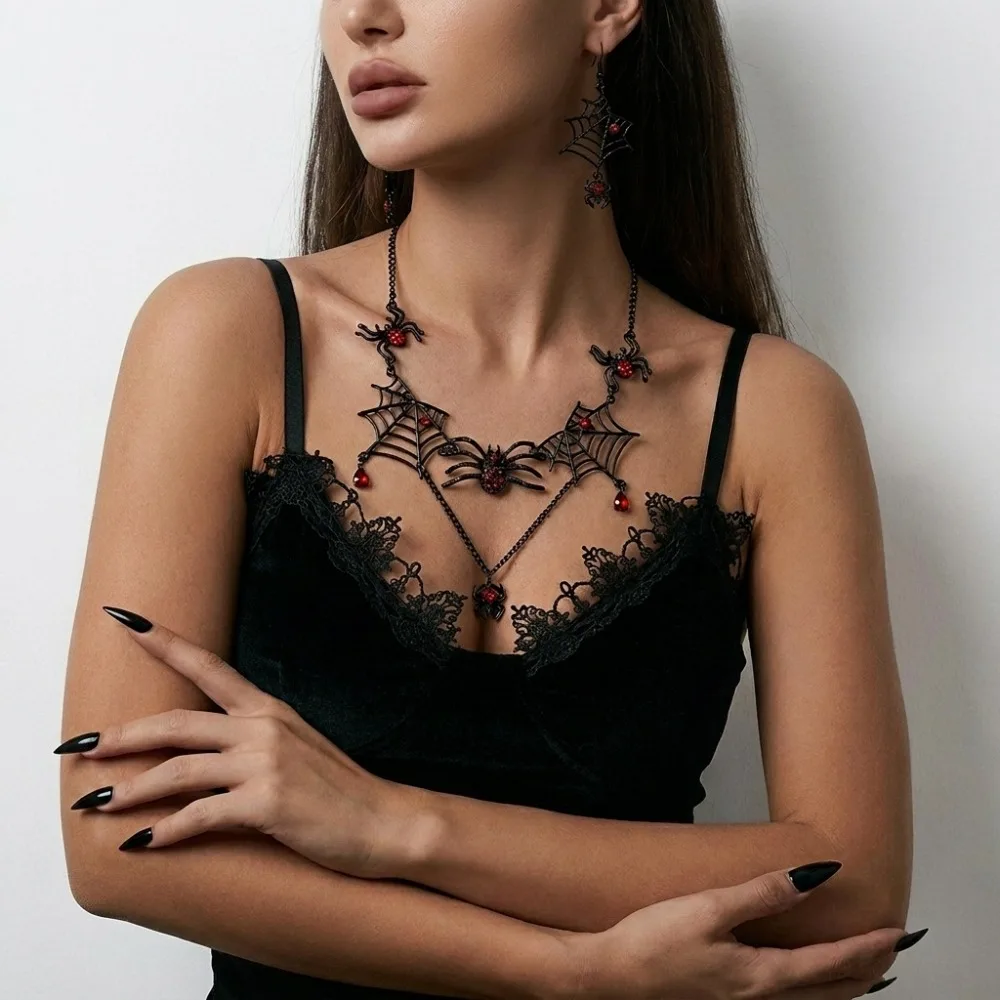 Vintage Rhinestone Halloween Spider Black-Toned Ornate Gothic Jewelry Set Zinc Alloy Eye-Catching Earring Set Party-Wear