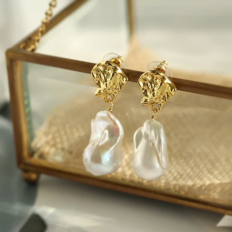 Brass With 18K Gold Natural Baroque Pearl Drop Earrings Women Jewelry Punk Party T Show Gown Runway Korean Japan INS