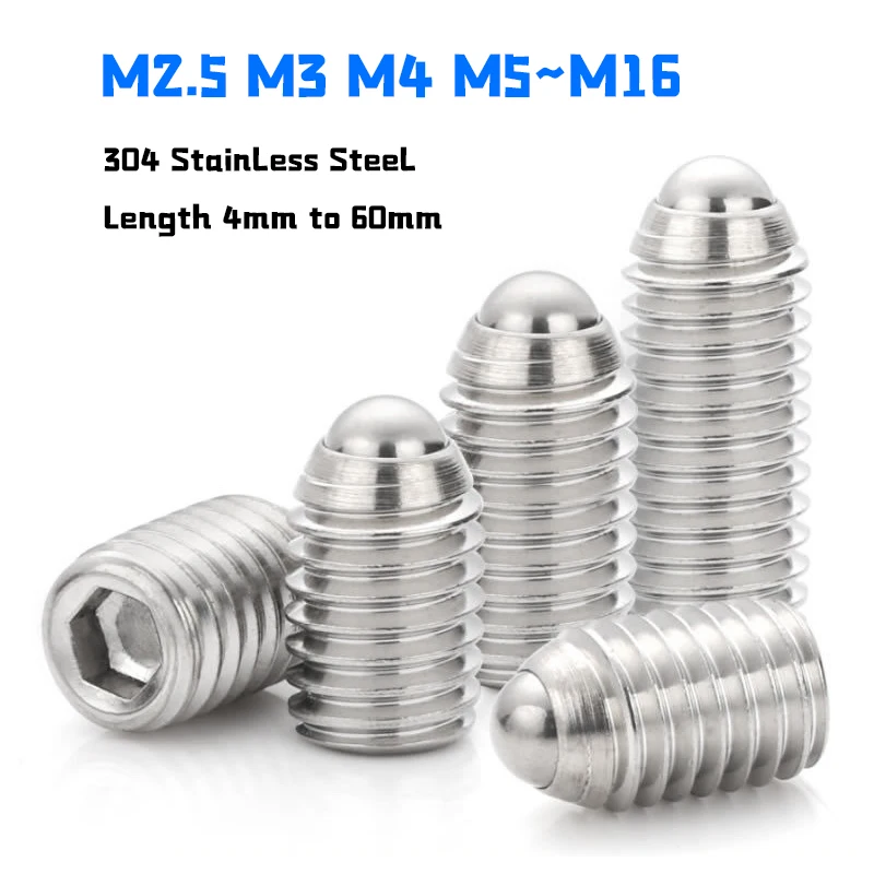 M2.5 M3 M4 M5 M6 M8 M10~M16 304 Stainless Steel Spring Ball Plunger Set Screws Grub Screws Hex Socket Head Point Set Screw Bolt
