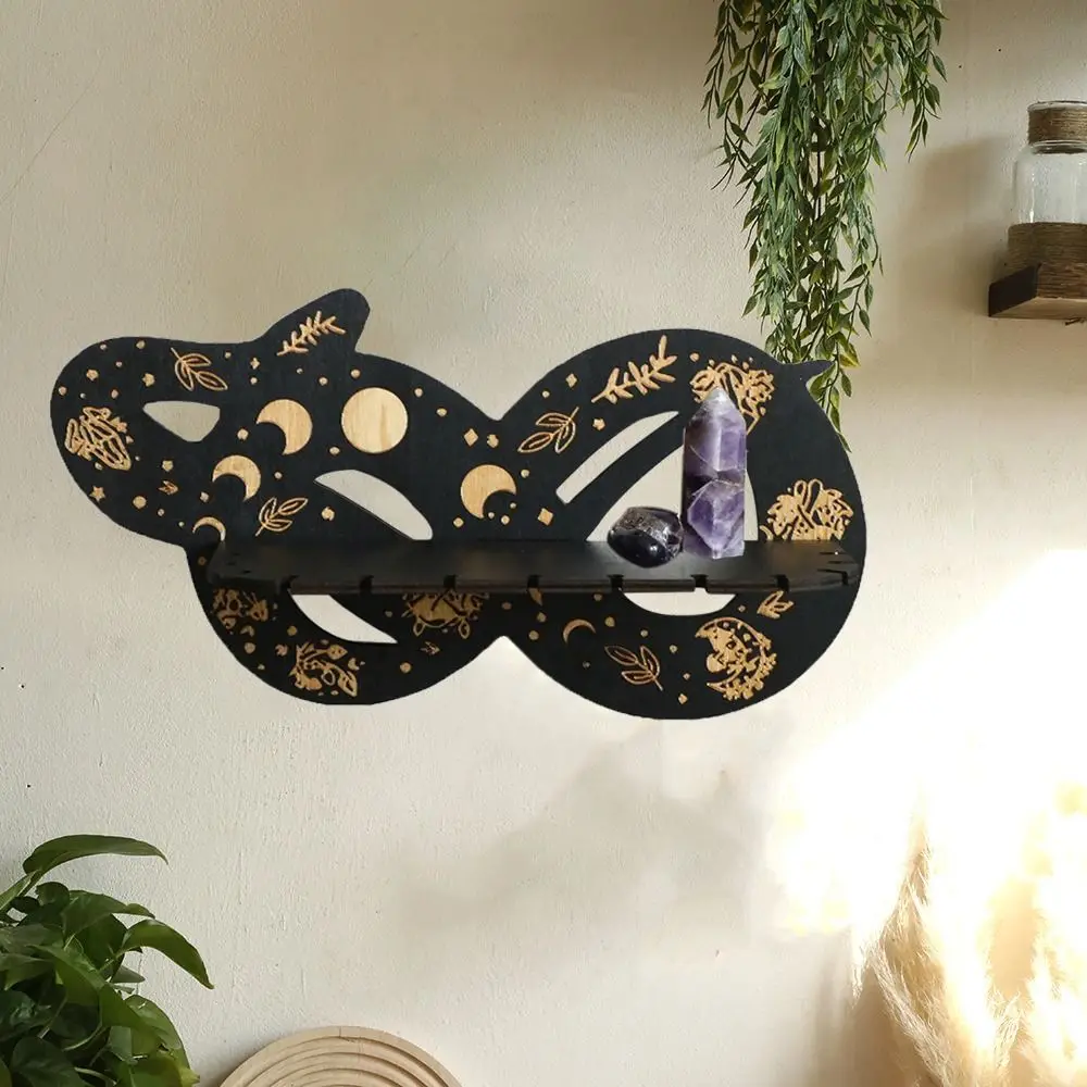 Wooden Snake Floating Wall Shelf Decorative Wall-Mounted Snake Wall Crystal Shelf with Moon Crystal Pendant Holder for Bedroom