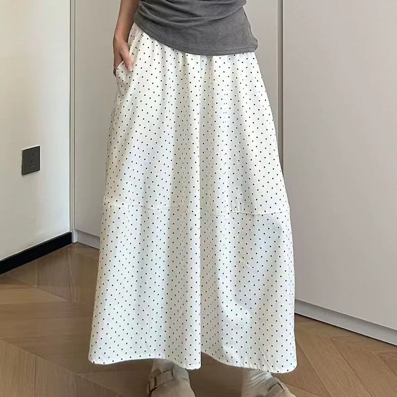Koreanische Mode Polka Dot A-Linien Maxirock für Damen mit Elastischem Bund, Locker Geschnitten, Schwarz-Weiß mit Tasche, Frühling Sommer Langer Rock