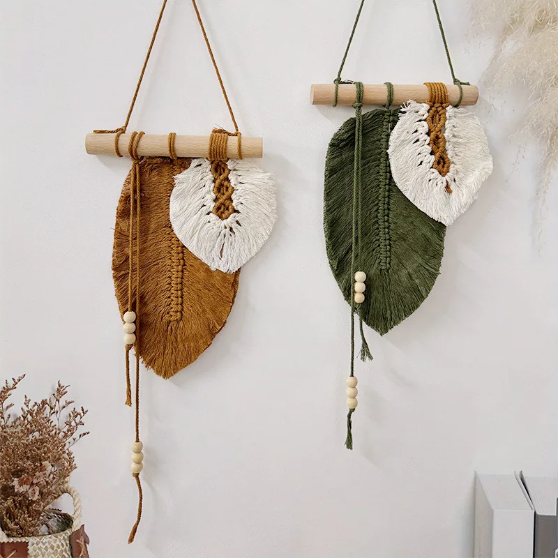 Handmade Macrame Leaf Wall Hanging, Boho Woven Leaves Tapestry, Wall Art for Bedroom Home Decor GIft for Women Girls