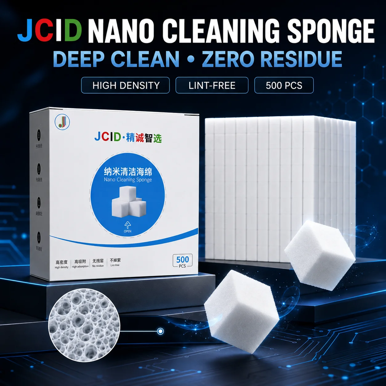 JCID 500PCS Nano Cleaning Sponge High Density Lint Free No Residue Foam Cubes for Mobile Phone PCB Motherboard Repair Tools