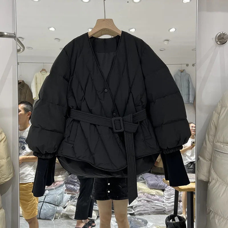 Imagem -03 - Jaqueta de Algodão Curta com Faixas para Mulheres Cabolsa Monocromático Design Chique Grosso e Quente Parkas de Escritório Moda Feminina Inverno 2023