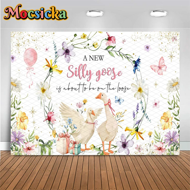 

Mocsicka Silly Goose Baby Shower Backdrop Watercolor Floral Photography Background Wildflower Wreath Kid Party Photobooth Banner