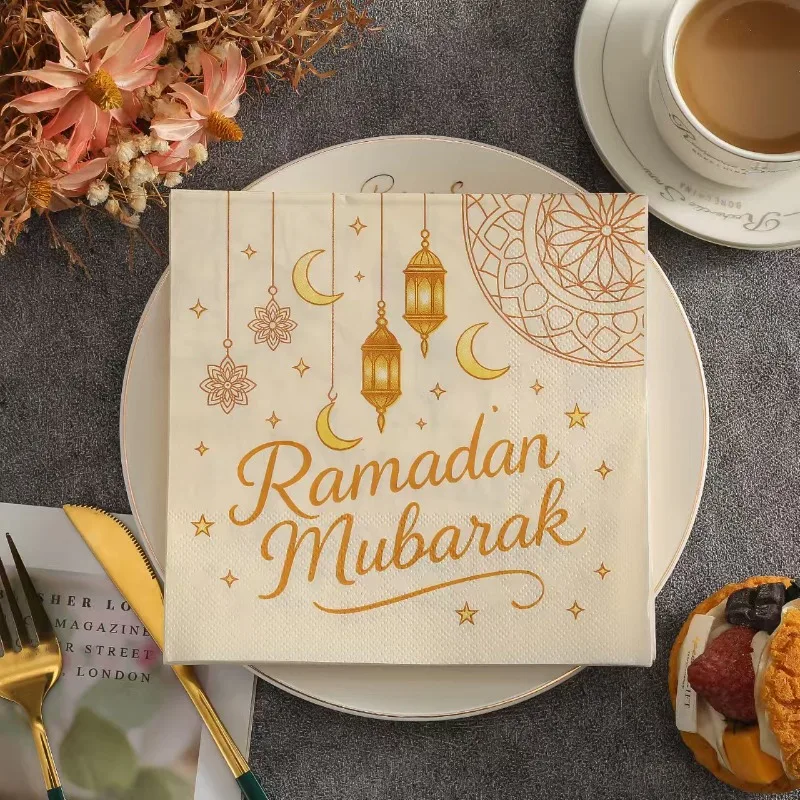 20pcs 33*33cm 2Layer Hot Selling Ramadan Elements Napkins Gold Moon Printed Disposable Table Mat DIY Decoupage Paper