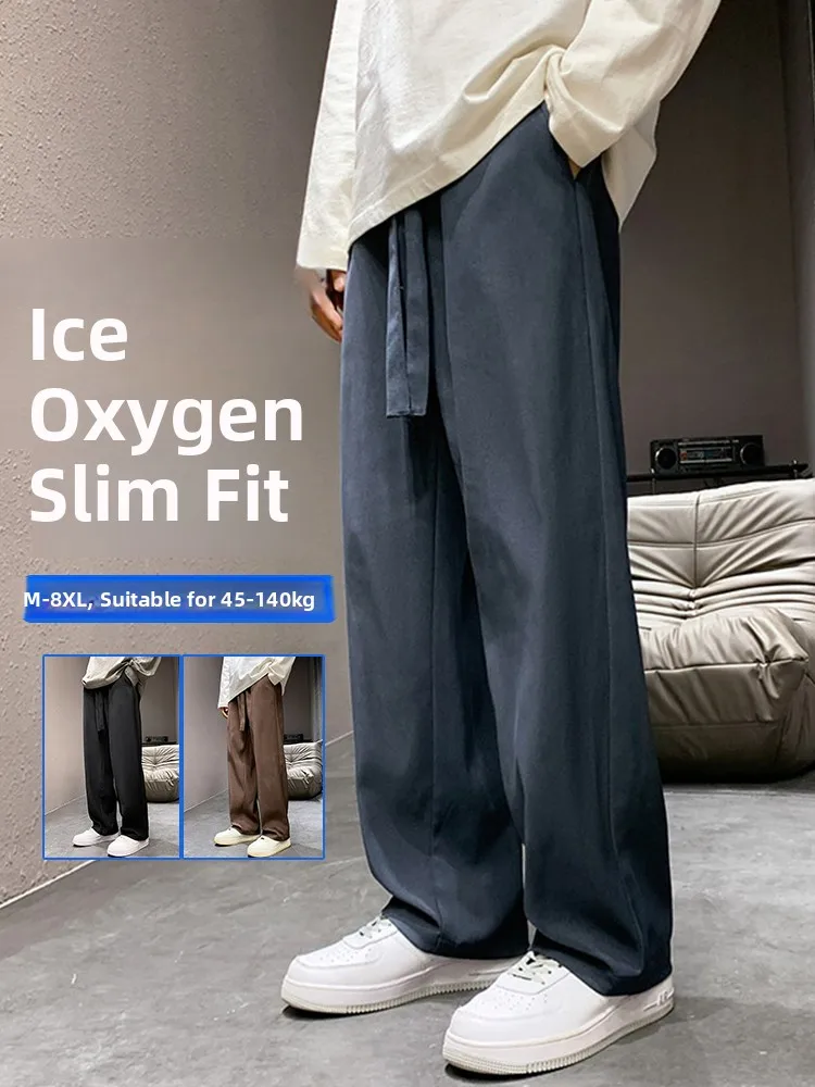 

Новые мужские летние тонкие свободные брюки из ледяного шелка больших размеров, повседневные спортивные прямые однотонные широкие брюки, модный молодежный стиль