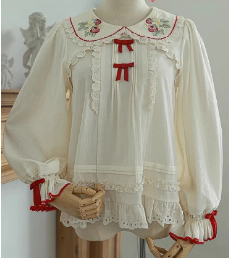 Lente Herfst Zoete Lolita Aardbei Borduren Lange Mouw Dun Shirt Schattig Meisje Leeftijdsreductie Losse Peter Pan Kraag Shirts