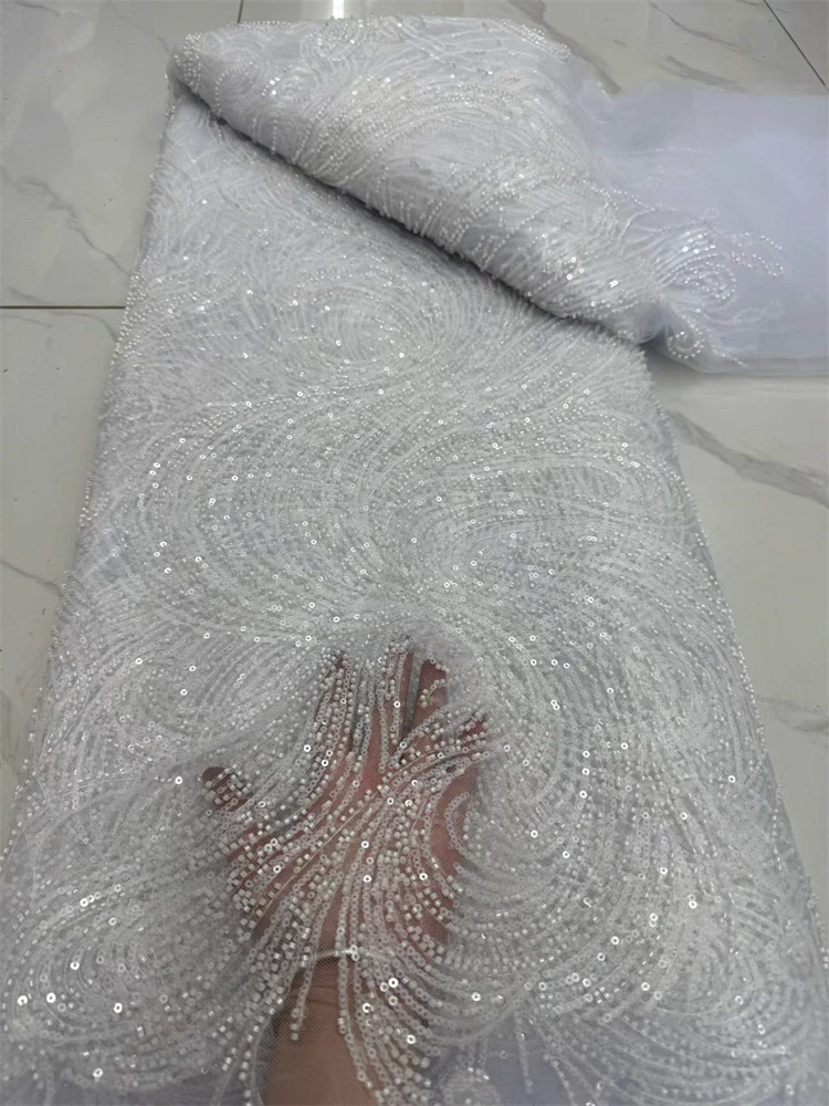 

2026 High Quality African Sequins Tulle Embroidered Groom Lace Fabric Beaded Sequins Lace Fabric For Nigerian Wedding
