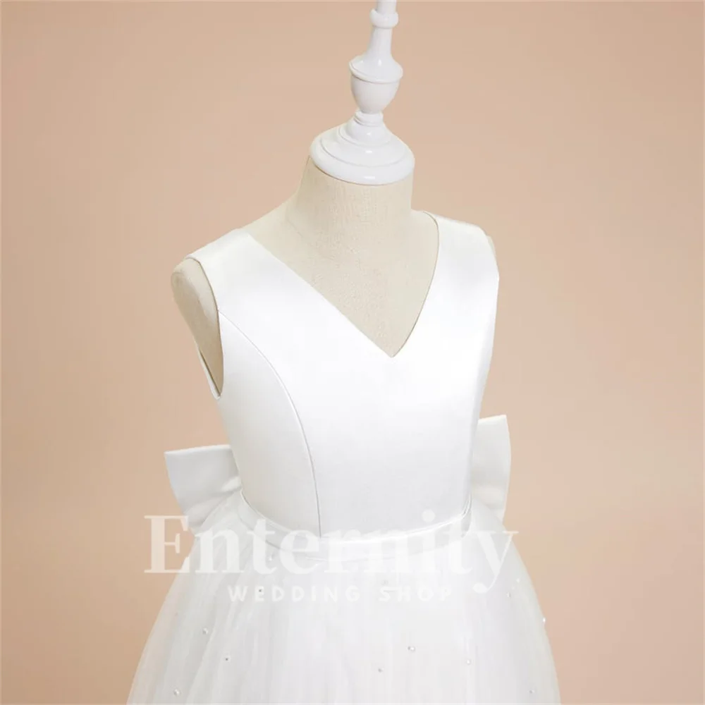 Flower Girl Dresses A-line V Neck Girls Elegant Dresses Ankle-Length Satin Tulle Beading Bow Wedding Dresses Vestidos Para Niñas