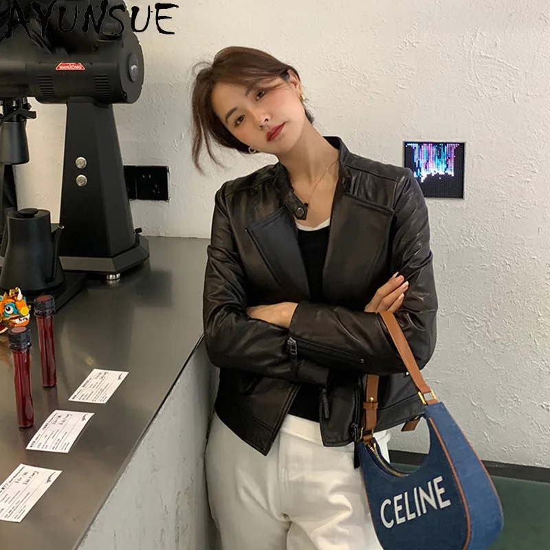 AYUNSUE Skórzana Kurtka Damska Motocyklowa Wiosna Jesień Odzież Prawdziwa Skóra Owcza Płaszcze Damskie 2025 Jaqueta De Couro