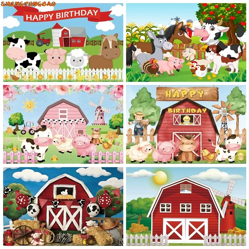 

Cartoon Farm Red Barn Photo Background Rural Farm Animal Wooden Fence Baby Birthday Party Decor Photography Backdrop Props