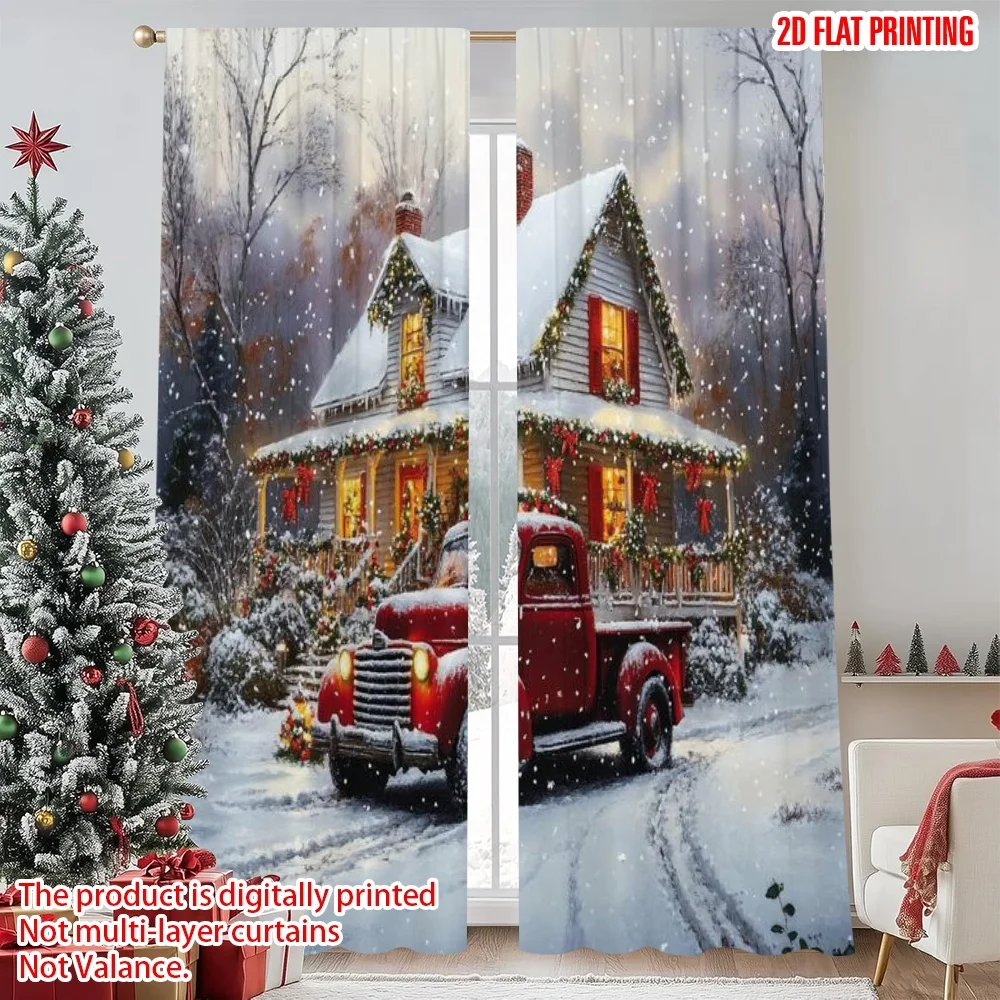 

2pcs 2D flat printing Merry Christmas Popular Drapes European architecture Versatile Durable Polyester Without Electricity