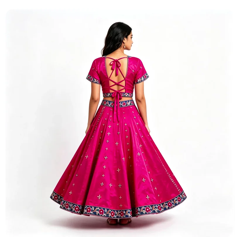Indian Katak Rose Red Dance Dress Three Piece Performance Dress Practice Set