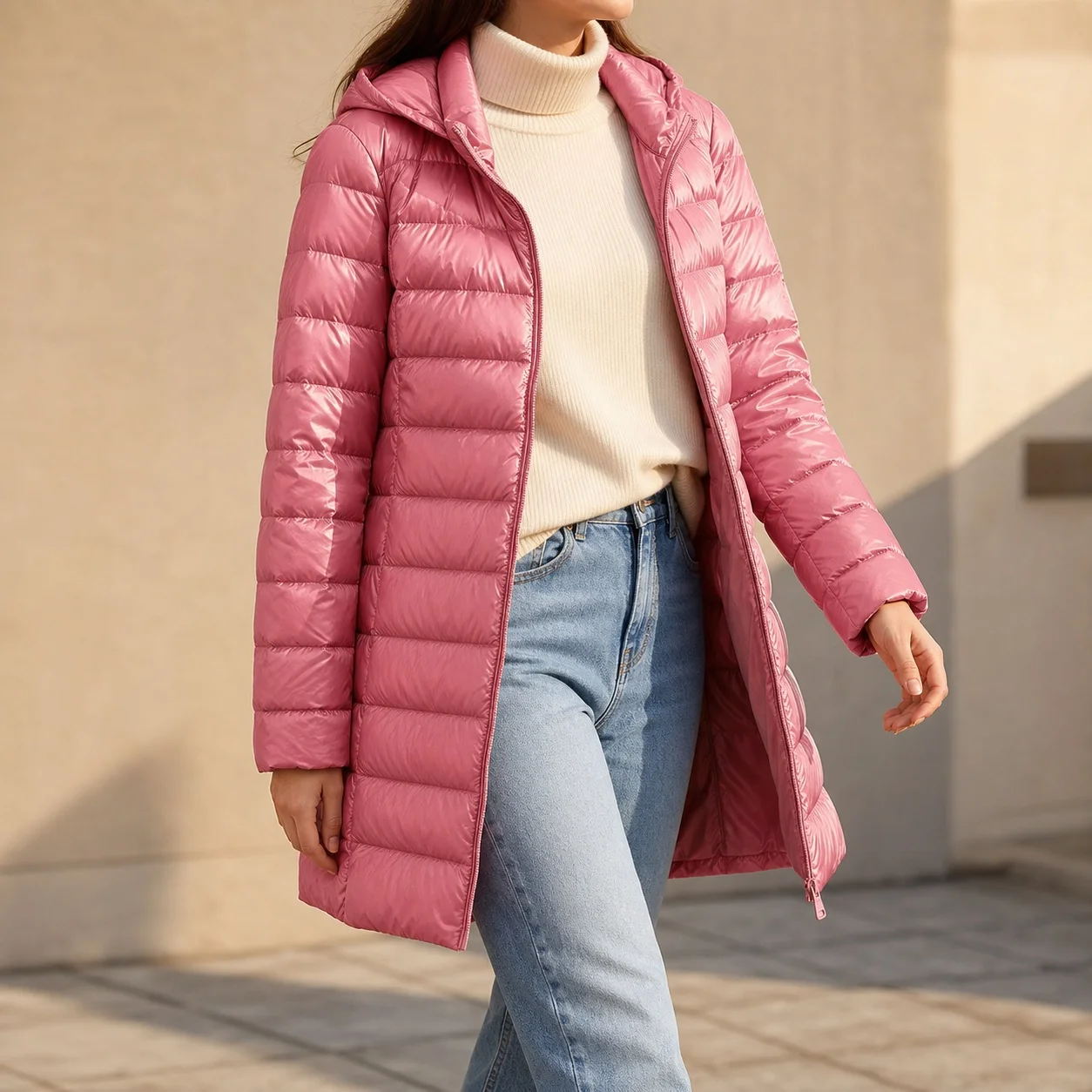 Women's Winter Korean Style Lightweight Slim Fit Long Sleeve Jacket with Detachable Hood Solid Color Zipper Closure Breathable