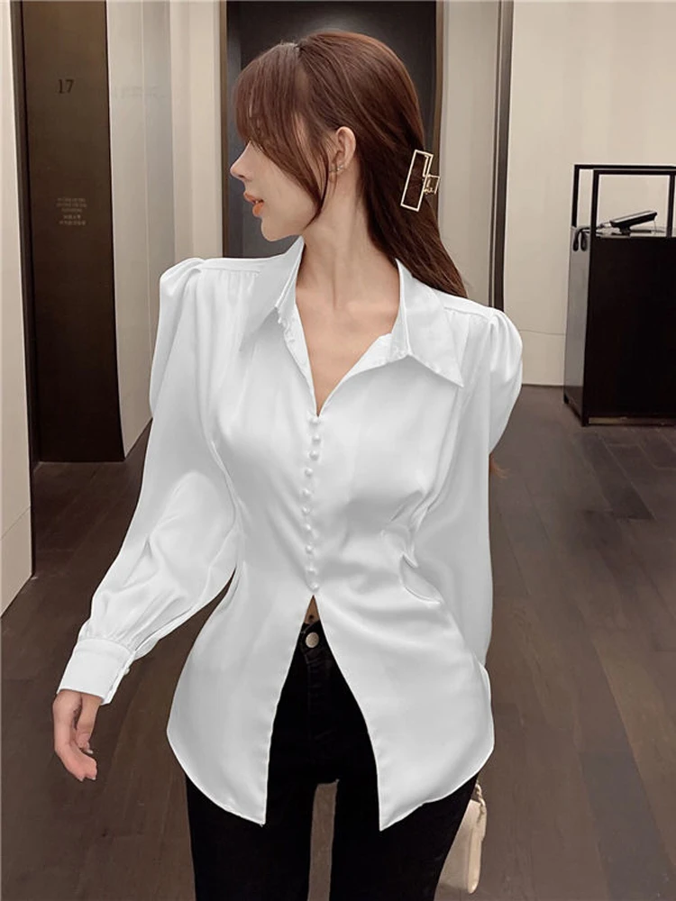 Zoki Women Back Bow Elegant Puff Sleeve Shirt Fashion Slim Office Lady Casual Blouse Korean Hollow Out Turn Down Collar Tops