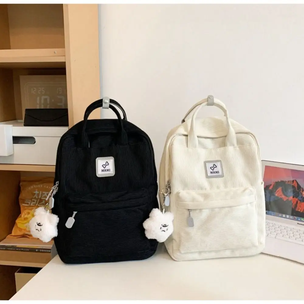 

Fashion Students Backpack Simple Multi Pocket School Bag with Cloud Pandant Stripe Corduroy Leisure Double Shoulder Bags