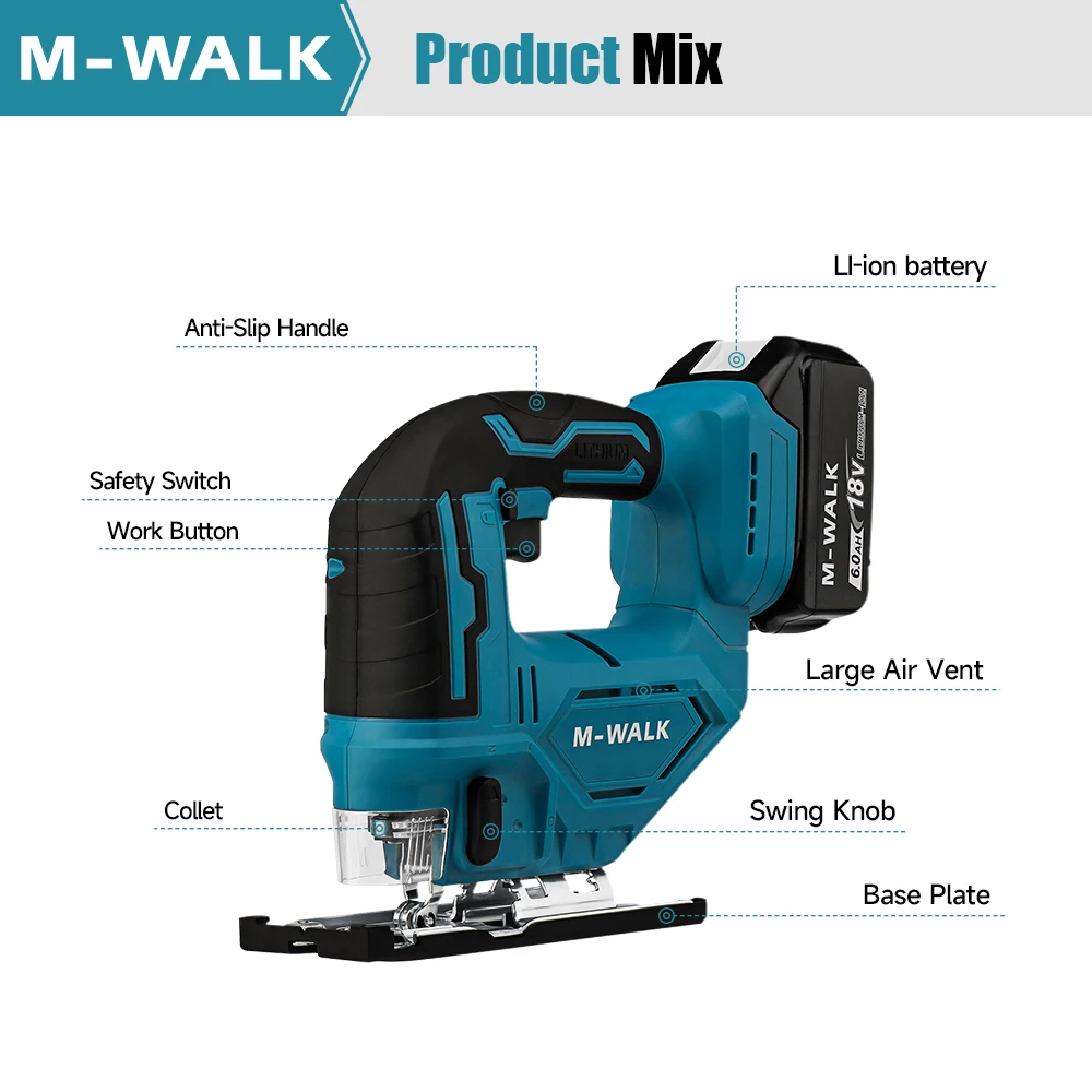 M-WALK منشار منحني كهربائي لاسلكي 3000 دورة في الدقيقة 45 ° منشار كهربائي قابل لإعادة الشحن أداة قطع النجارة الكهربائية لدبوس بطارية ماكيتا 18 فولت #6