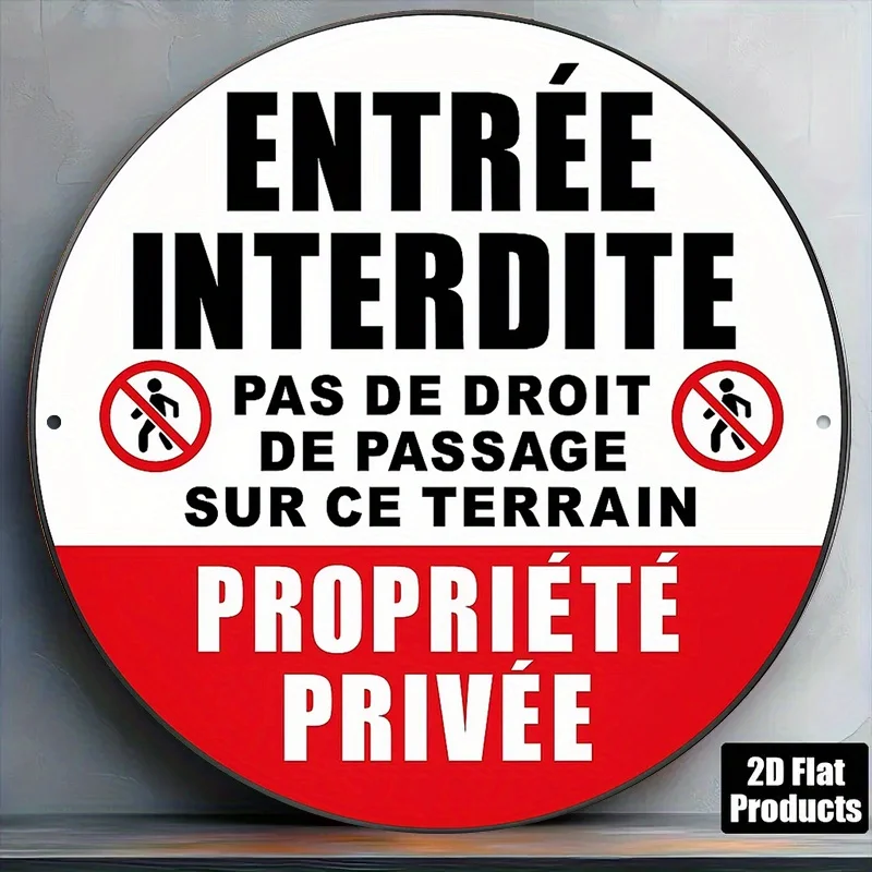 2D Metal Sign, 8X8 Inch Round French Aluminum No Entry Private Property Retro Decorative Plaque for Office Store Bar Restaurant