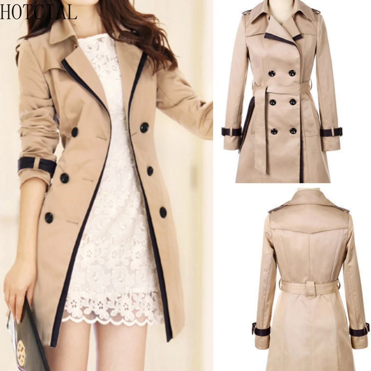

HOTCIAL Korean Style Color Block Trench Coat Women Spring Autumn Double Breasted Elegant Office Casual Outerwear