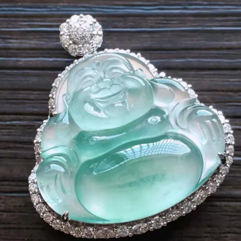 Natural Full Green Ice-like Jadeite Jade Buddha Pendant Myanmar 18K Gold Inlaid