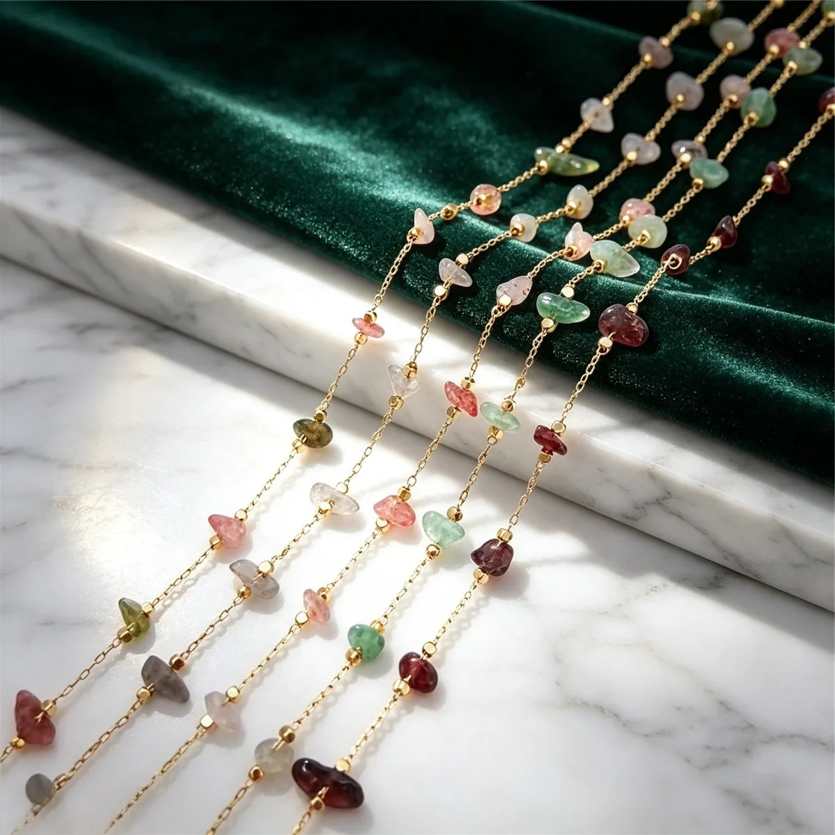 Natural Tourmaline Garnet Strawberry Crystal Gravel Chain, 14K Gold Plated Cable Chain, DIY Jewelry Making Materials B652