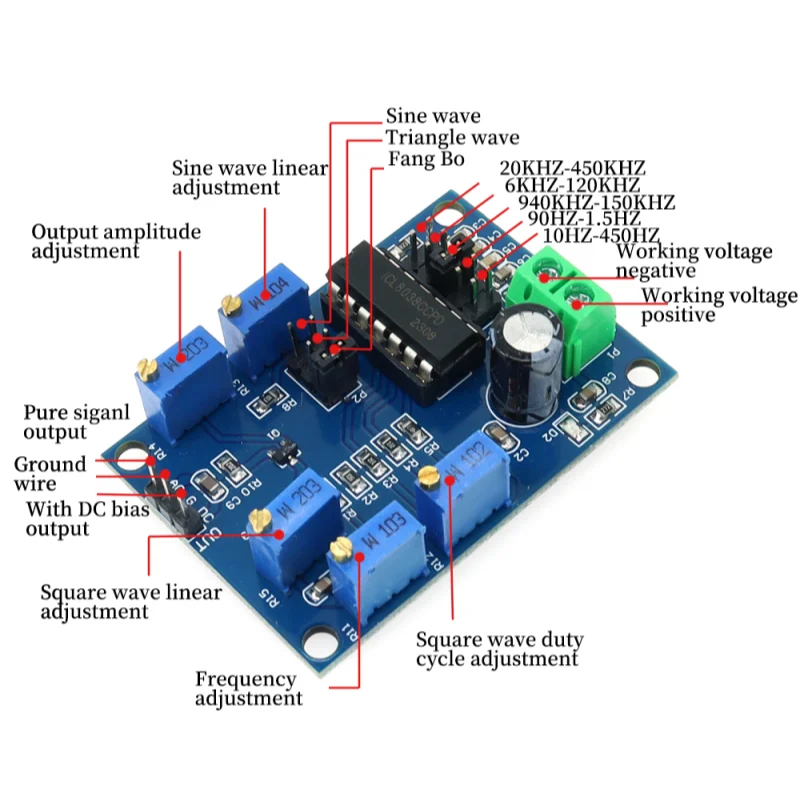 ICL8038 Waveform Signal Generator Sine Triangle Square Wave Module 10Hz-450KHz Medium and Low Frequency Signal Source 12V to 15V