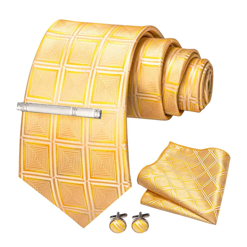 JEMYGINS Mode Männer Krawatte Luxus Gelb Gold Striped Plaid Seide Hochzeit Krawatte Für Männer Hanky Manschettenknopf Krawatte Set Bussiness Party geschenk – Detail 14