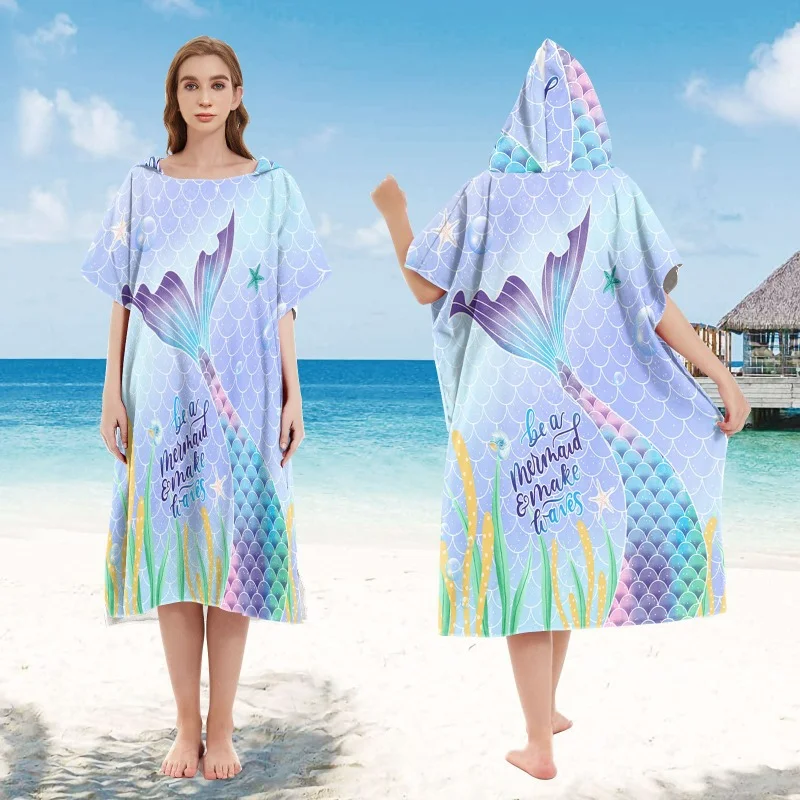 

Microfiber Surf Poncho Wetsuit Changing Mermaid Style Bath Robe Quick Dry Pool Swim Beach Towel with Hood for Beach Swimming