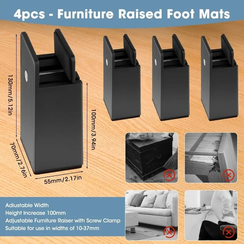 10cm 4Pcs Adjustable Furniture Feet Aluminum Alloy Heavy Duty Chair Sofa Table Raiser for Thickness 0.8 to 1.4 Inch