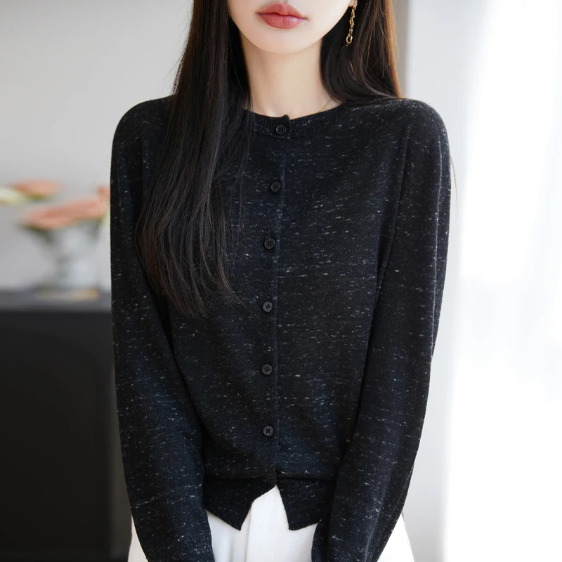 Wiosna Nowy wełniany kardigan z dzianiny damska Okrągły dekolt Luźna kurtka Moda Kolorowa przędza Sweter z długim rękawem Casualowy cienki płaszcz