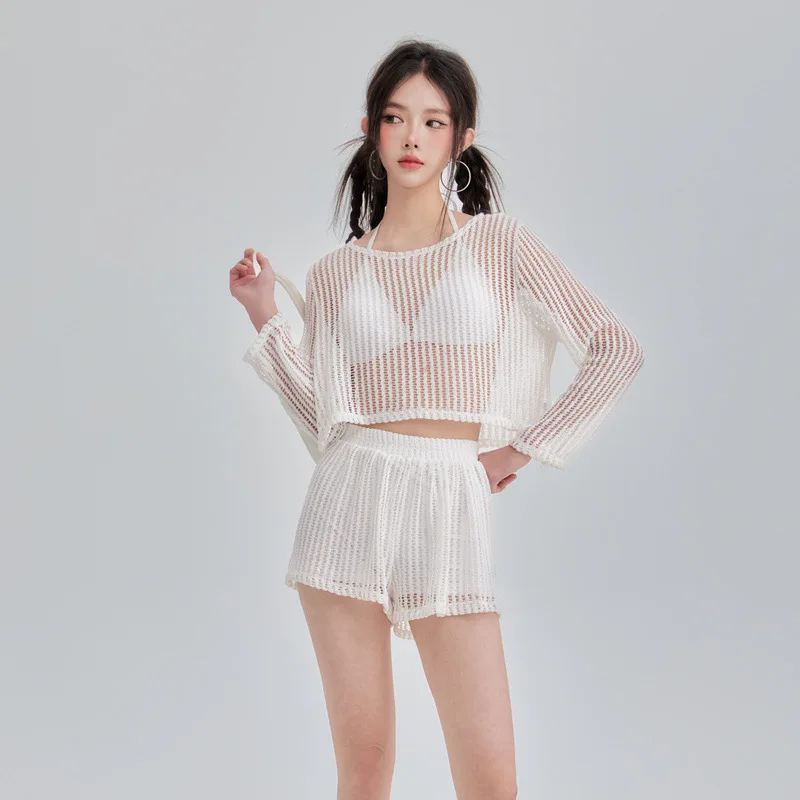 Hollow Out Perspective Knitted Swimsuit Set Short Long Sleeved Cover Hanging Neck Top Casual Shorts Vacation Three Piece Set