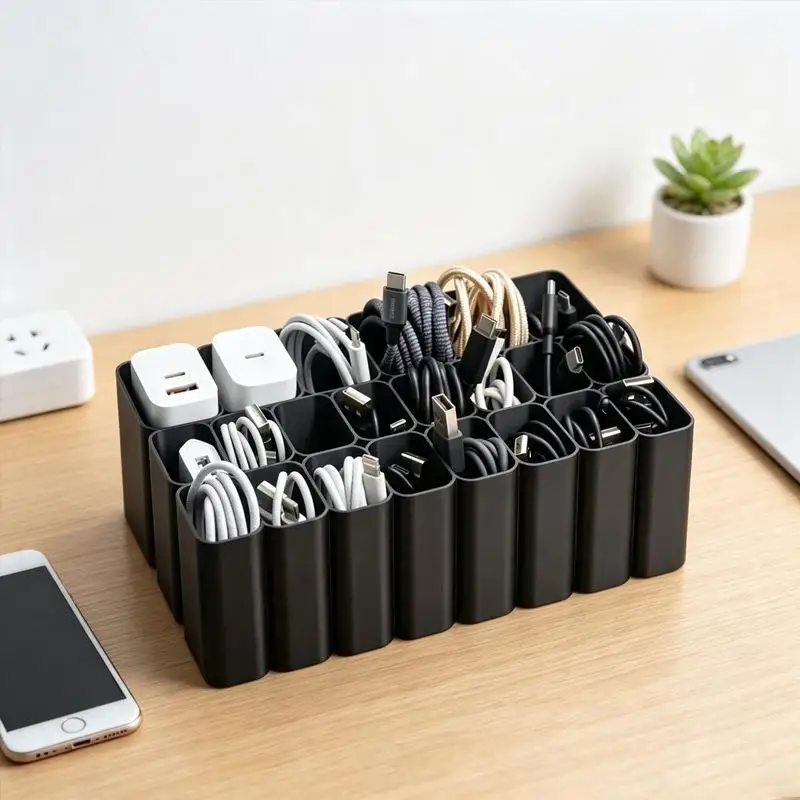 Grids Cable Storage Box Child-Proof Desktop Wire Management Organizer for Home Office Desk Perfect Gift