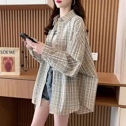 Long Sleeve Turn-down Collar Spring Autumn Contrast Color Women's Checkered Button Up Cardigan Shirt Coats Casual Commute Tops