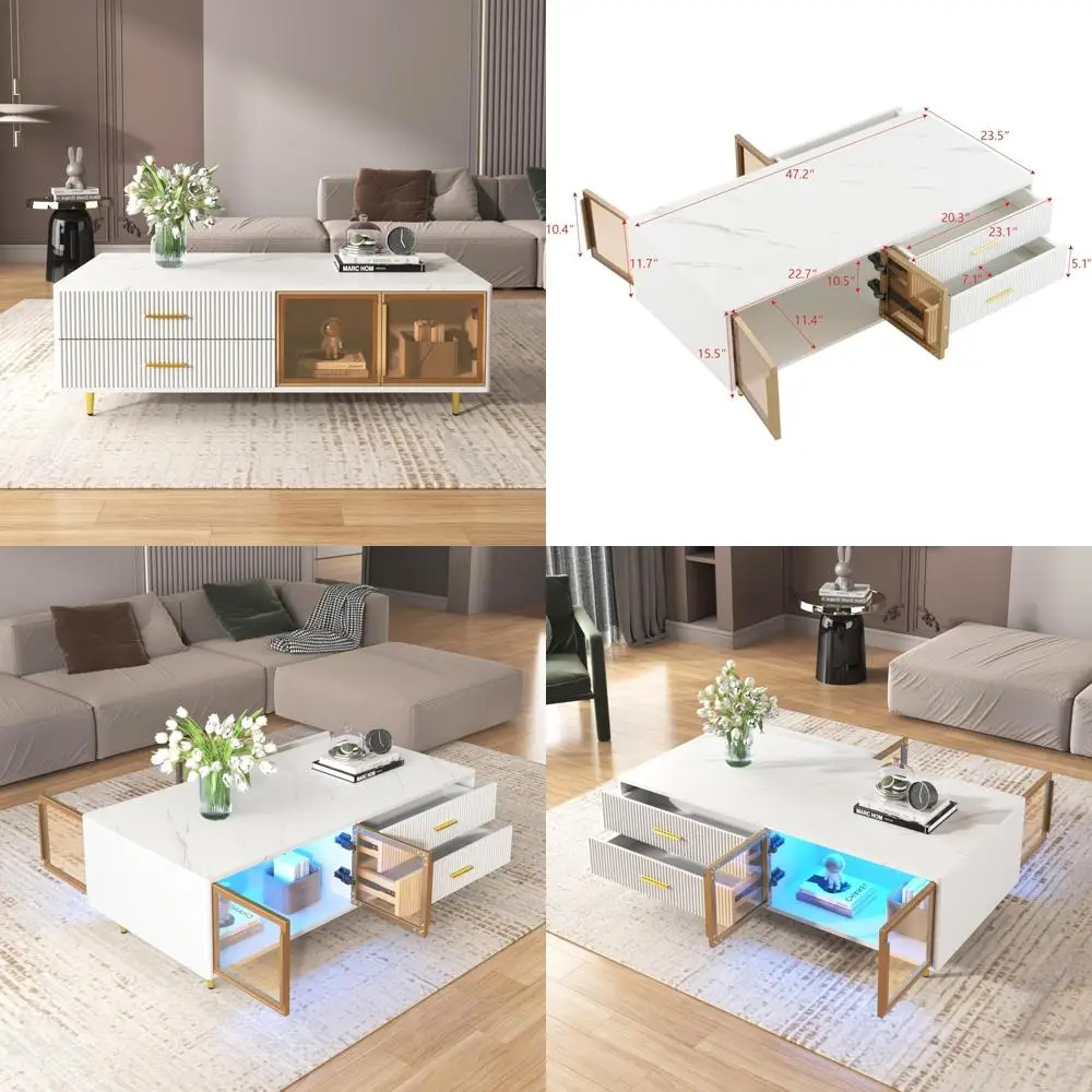contemporary white coffee table with dual glass-door storage, four drawers, gold legs, and multi-colored lighting, 47.2 inches