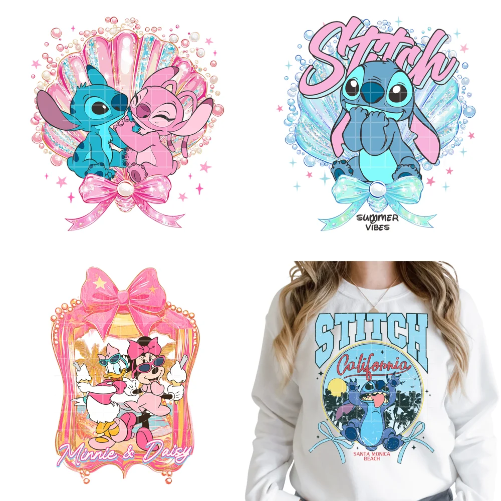 Retro Cartoon Happy Summer Vacation Vibes Coquette Seashells Iron on DTF Heat Transfer Stickers Ready to Press for Clothes Bags