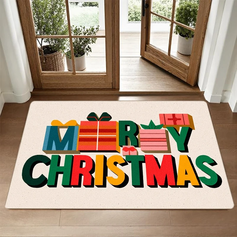 Merry Christmas Gift-Box Doormat  Soft, Non-Slip PVC Back, Machine Washable for Entryway, Kitchen & Bathroom