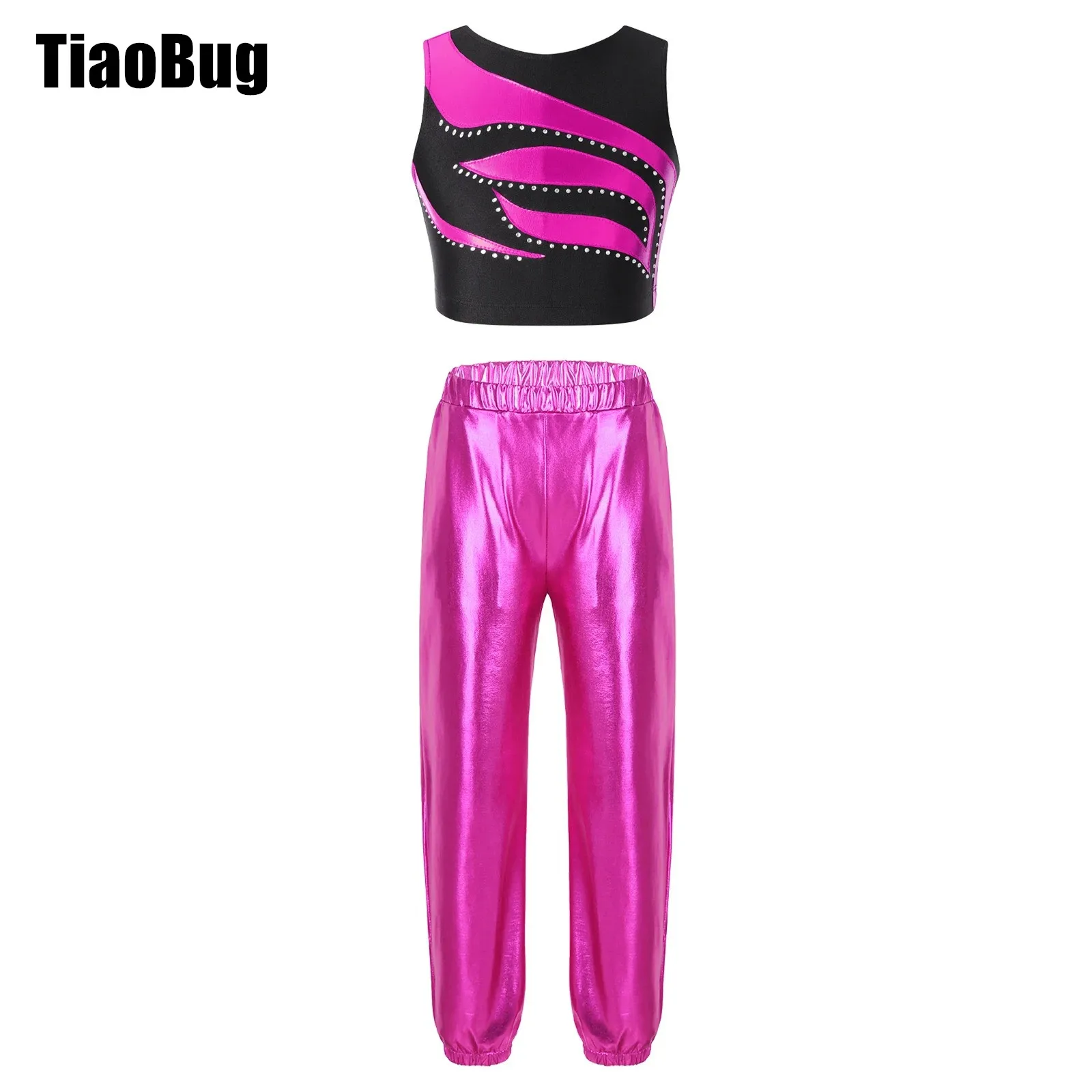 

Kids Girls Metallic Gymnastics Dance Set Shiny Rhinestones Decorated Patchwork Crop Top with Elastic Waistband Pants for Sports