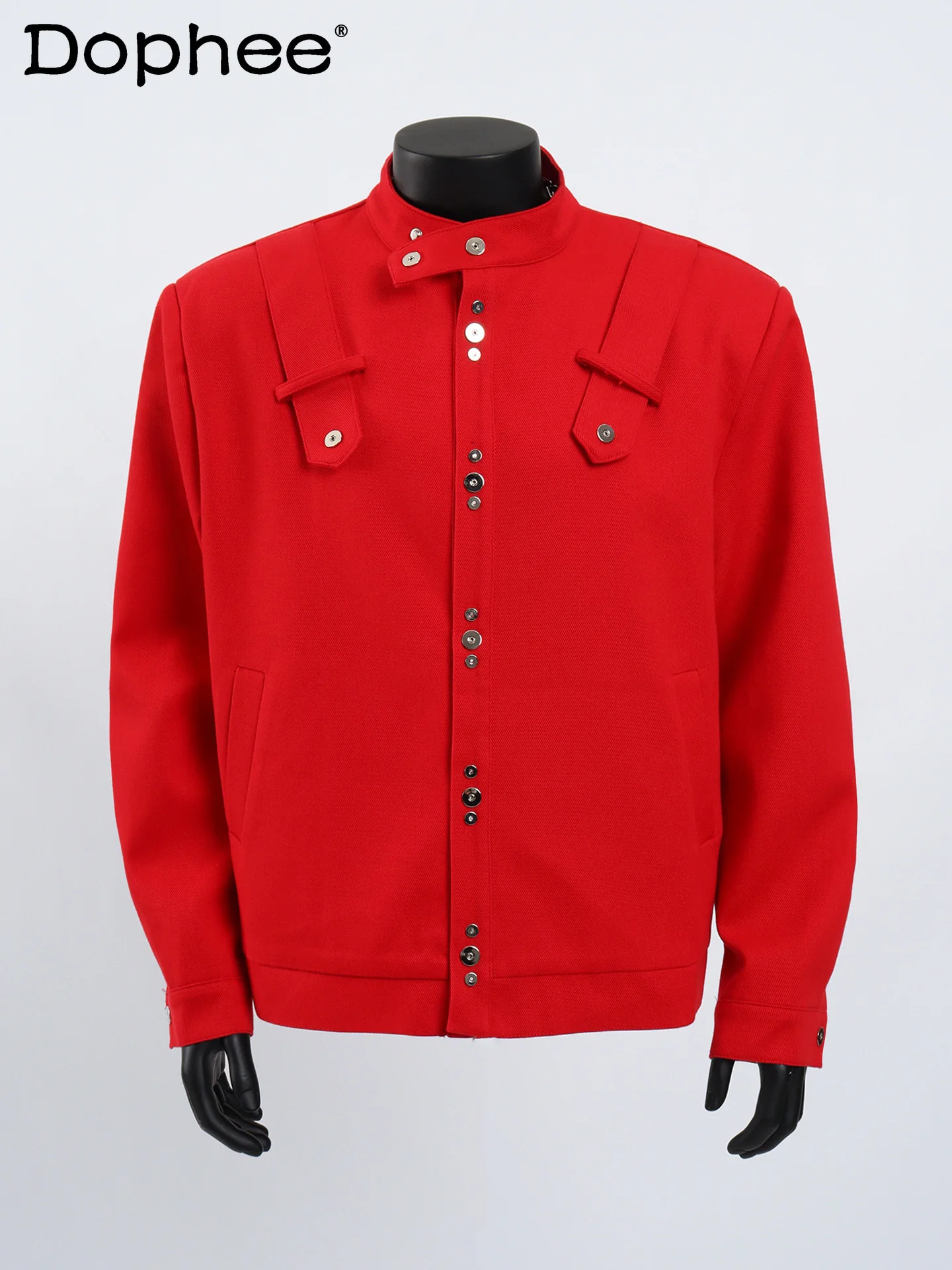 

Autumn Winter High-End New Year Red Stand Collar Heavy Rivet Jacket Stylish Casual Loose Short Coat for Men