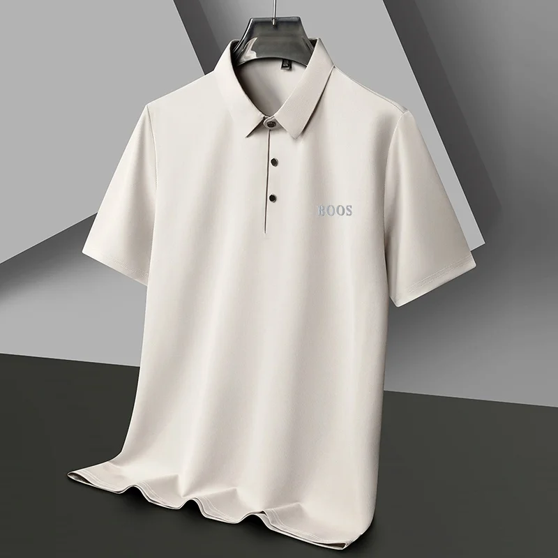 Freizeit-Herren-Kurzarm-Poloshirt mit Revers-Knopfleiste, Einfarbig mit Schriftzug, Bequemes Atmungsaktives Trendiges Herren-T-Shirt – Detail 11